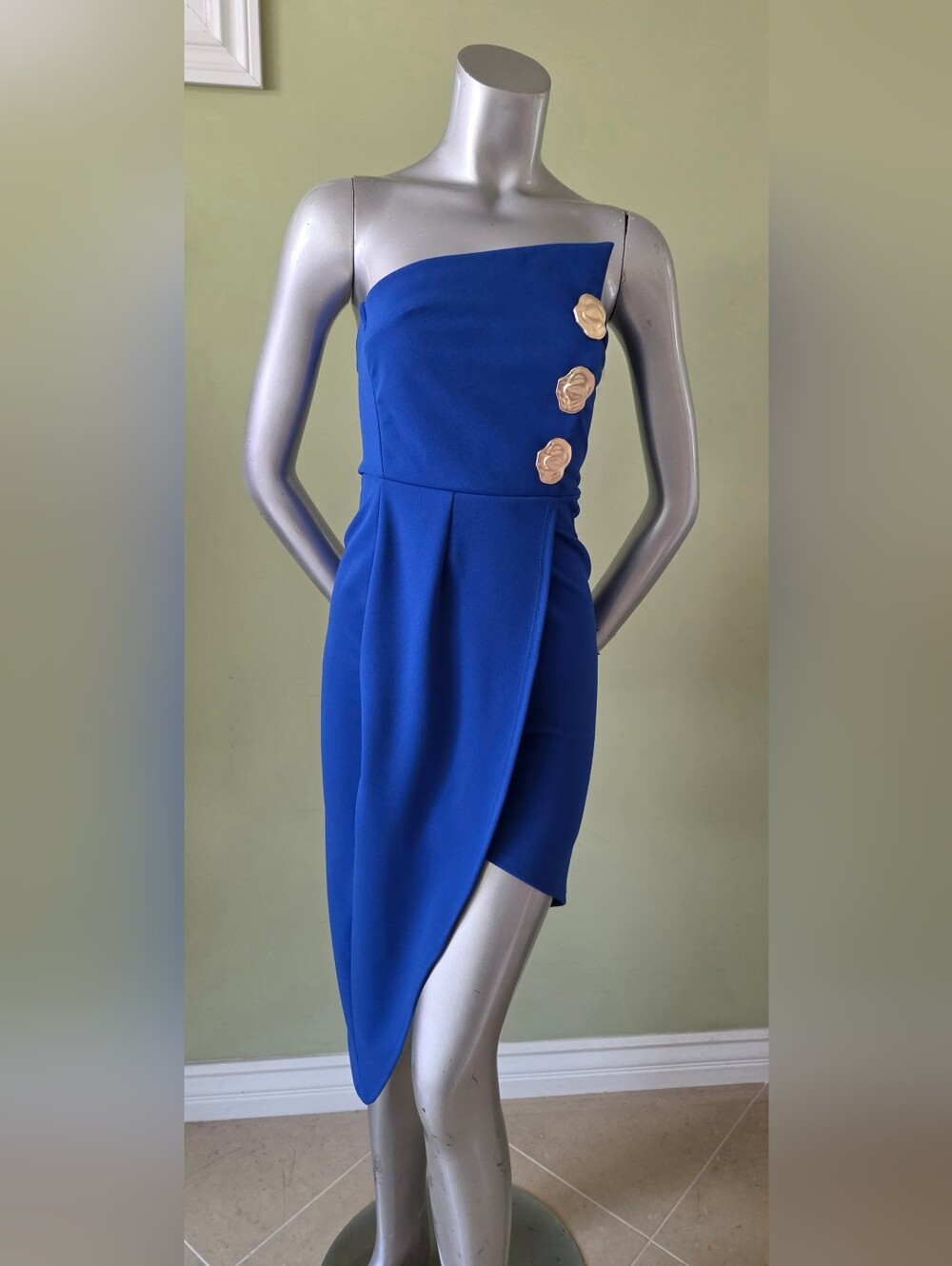 Strapless Royal Blue Asymmetrical Dress with Gold Floral Details